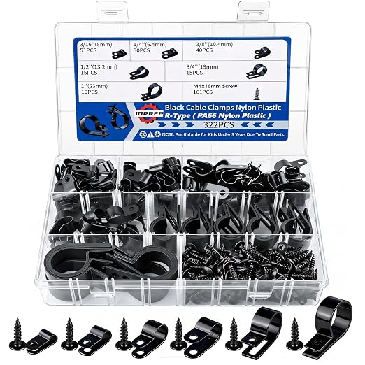 JORREP 322PCS Black Cable Clips R-Type Nylon Wire Clips Assortment Kit 6 Sizes by JORREPHardware