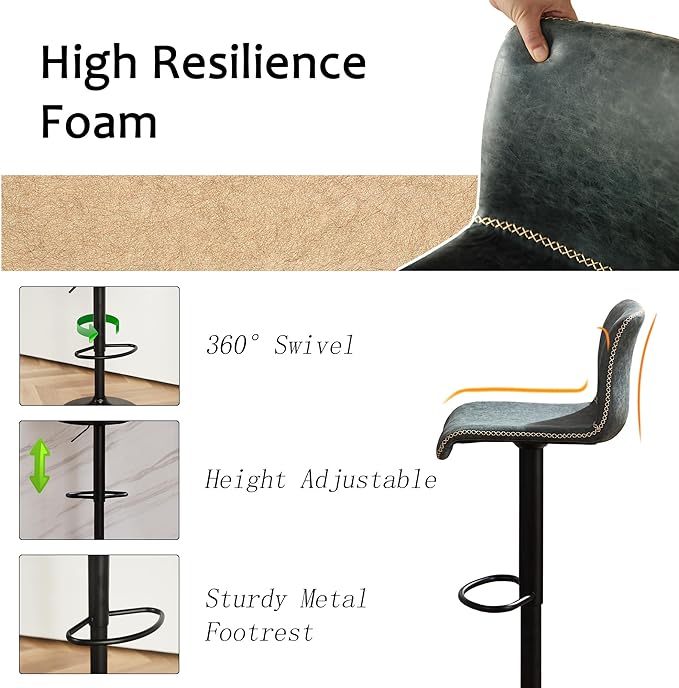 HeuGah Swivel Bar Stools Set of 2, Adjustable Counter Height Barstools with Back, Faux Leather Bar Chairs for Kitchen Island (Deep Teal, Set of 2 (24'' to 32''))-DeskLoop Office