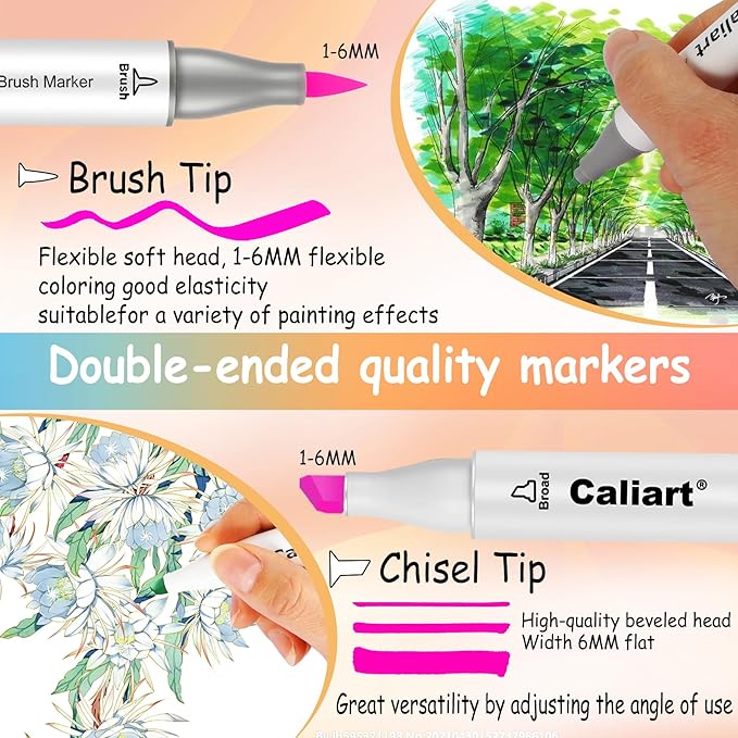 Caliart 101 Colors Brush & Chisel Alcohol Markers for Adult Coloring Book, Dual Tip Artist Sketch Art Markers, Aesthetic Cute Preppy Stuff School Supplies, Pens for Lettering Drawing Cards Planner-DeskLoop Office