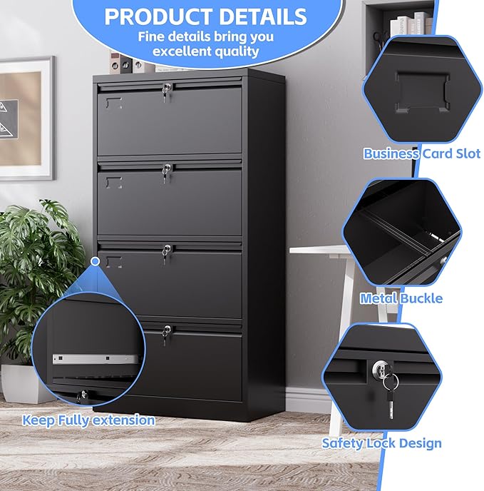 4 Drawer Lateral File Cabinet, Metal Wide Filing Cabinet with Independent Locks, Home Office Furniture for Hanging Files Letter/Legal/F4/A4 Size, Assembly Required, Black