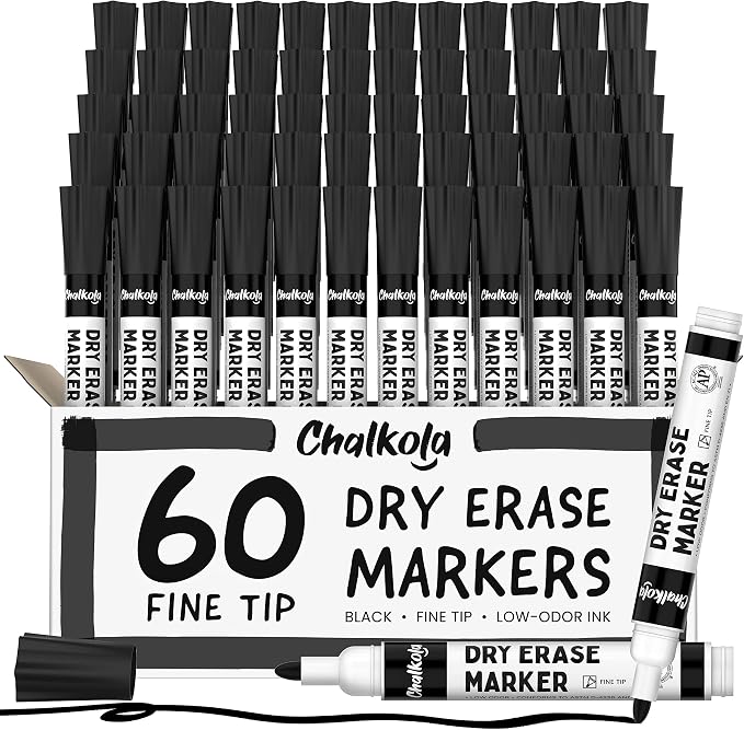 Chalkola Black Dry Erase Markers Fine Tip Bulk Pack of 60, Back to School by Chalkola