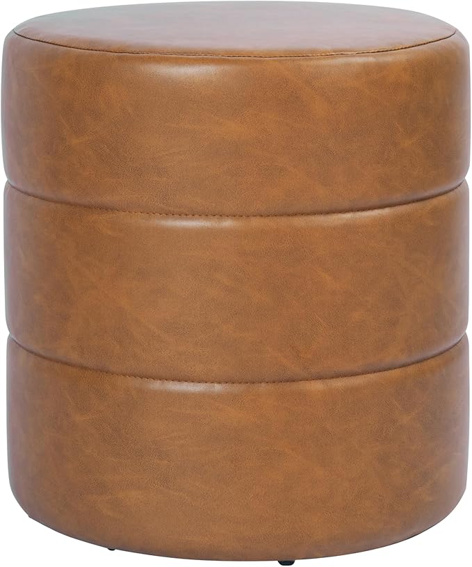 HomePop Upholstered Faux Leather Round Ottoman Home Décor|Foot Rest Ottoman- Carmel Brown-DeskLoop Office