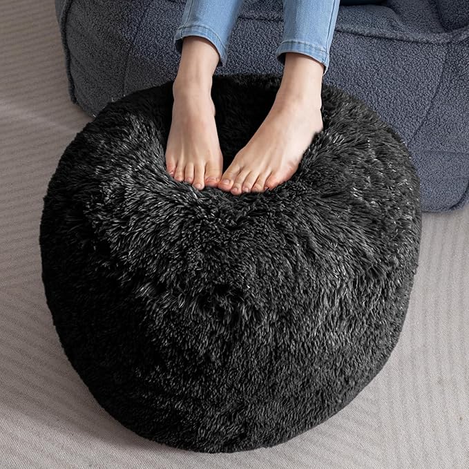 HIGOGOGO Round Stuffed Pouf Ottoman, Long Faux Fur Poufs with Foam Chunk Filling, Fluffy and Furry Pouf Foot Stool Storage Ottoman, 20 X 15 Floor Poufs Foot Rest for Living Room, Black-DeskLoop Office