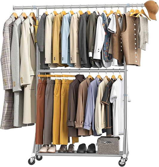 100% Stainless Steel Heavy Duty Clothes Rack Load 860LBS, Rolling Double Rods Clothing Racks for Hanging Clothes, Adjustbale Garment Rack With Sturdy Wheels Shelf, Portable Closet Rack Free Standing-DeskLoop Office