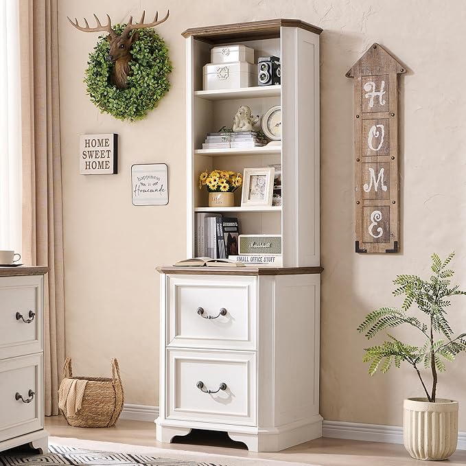 T4TREAM 6-Tier Bookcase with 2 File Drawers, 72" Tall Farmhouse Bookshelf with Storage & Adjustable Shelves, Wooden Floor Standing Display Book Shelf Organizer for Home Office, Antique White-DeskLoop Office