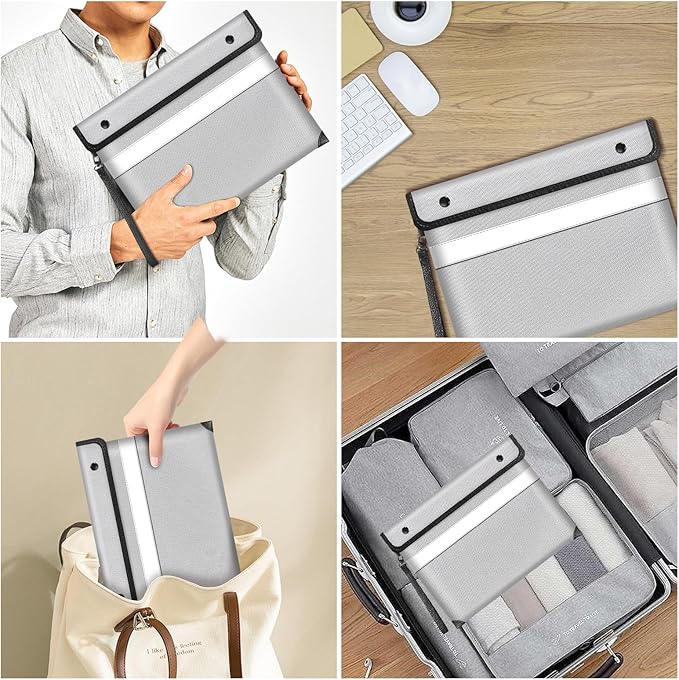 Fire Proof Bag For Documents,5200°F Heat Insulated Fire Proof Pouch with Soft Leather Hand Strap,13.9x10.6 Inch Fireproof Money Bag for Cash/Documents/Valuables(Silvery)-DeskLoop Office