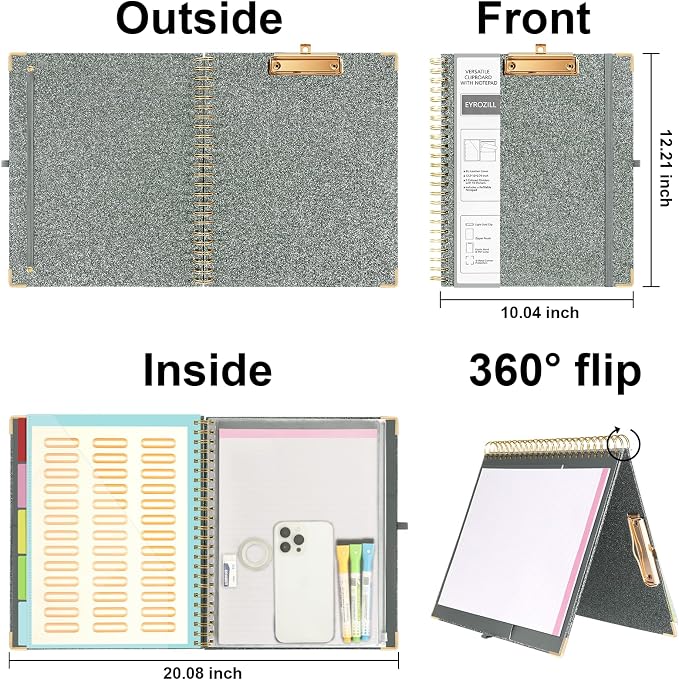 Spiral Clipboard Folio with Storage Pockets 8.5 x 11 Folder Refillable Lined - Image 2