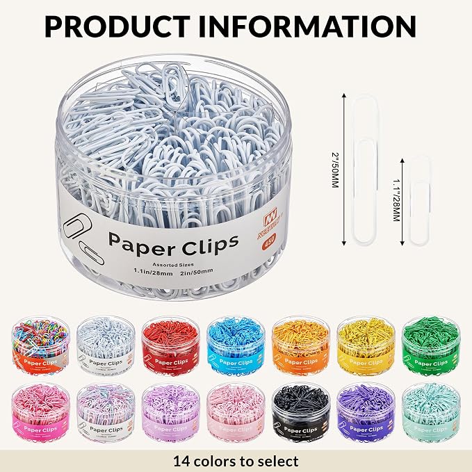 NEEWAY 450pcs Paper Clips Assorted Sizes, Small and Large Paper Clips, Coated - Image 2