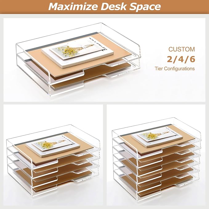 SANRUI Clear Acrylic Paper Tray, 4 Tier Stackable Letter Trays Desk Organizer - Image 2