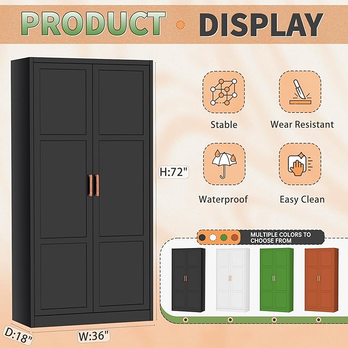 Greenvelly Metal Wardrobe Cabinet, 72" Black Armoire Metal Wardrobe Closet for Hanging Clothes with Wooden Handle, Modern Clothes Cabinet for Home, Office,Bedroom, School,Gym-DeskLoop Office