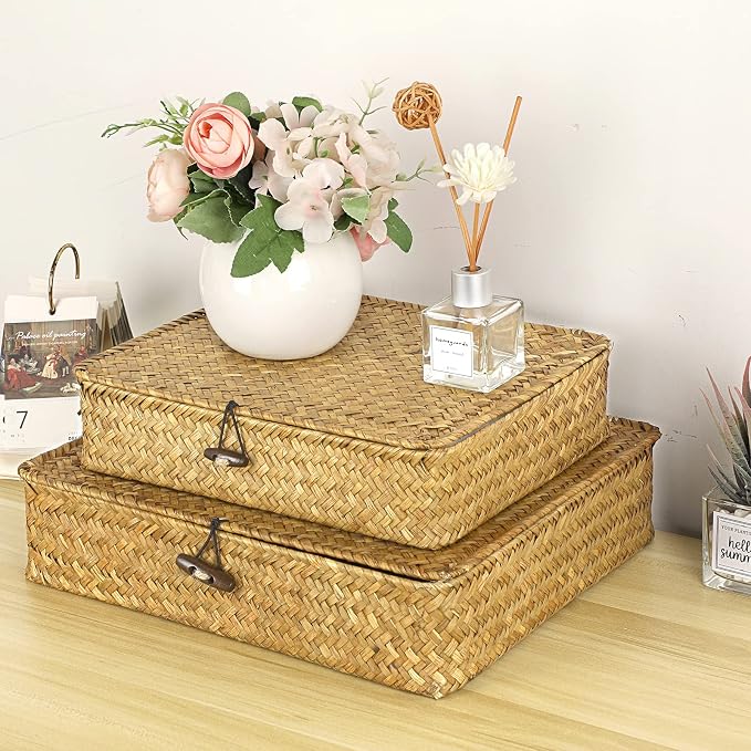 Hipiwe Set of 2 Flat Woven Wicker Storage Bins - Image 2