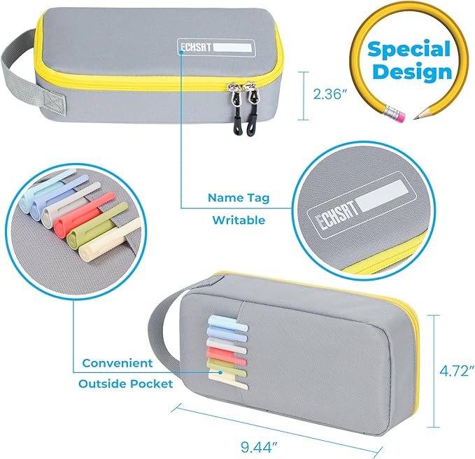 ECHSRT Big Pencil Case, Aesthetic Portable Zipper Pencil Bag with Hidden Pocket, Special Pouch for Men Women Adults, Stationery Organizer Pen Cases for Office Travel, Grey-DeskLoop Office
