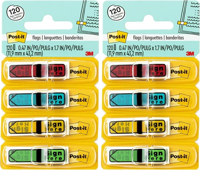 Post-it Message Sign Here Flags, 30/Dispenser, 4 Dispensers, .47 in Wide by Unknown