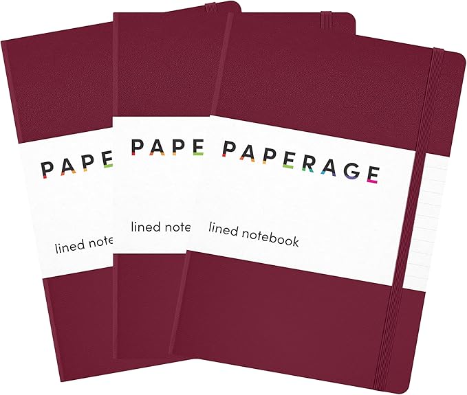 PAPERAGE Lined Journal Notebook, 3 Pack, (Burgundy), 160 Pages, Medium 5.6 in x 8 in - 100 GSM Thick Paper – Hardcover Journaling Notebook for Work, School & Note Taking-DeskLoop Office
