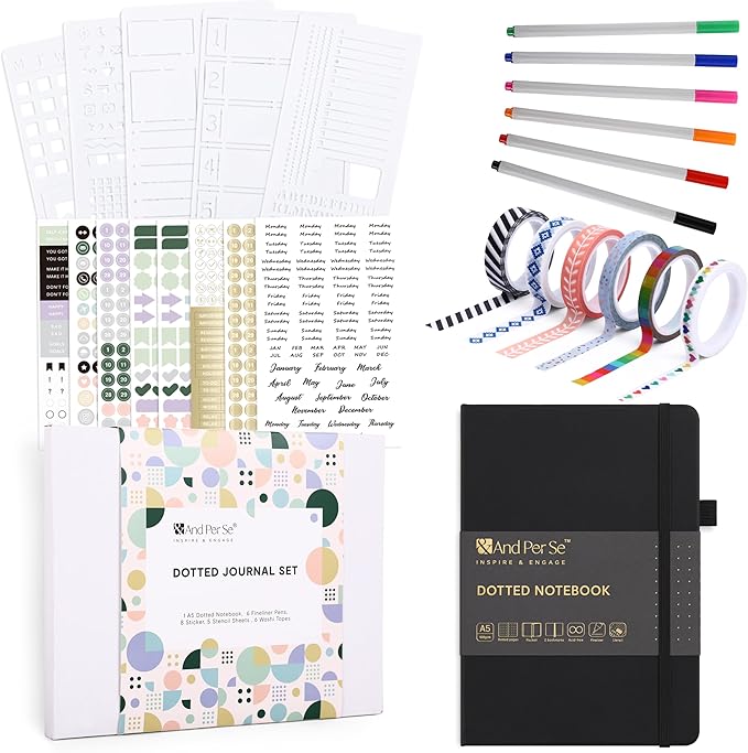 &And Per Se Dotted Journal Notebook Set, A5 Hardcover Dotted Journal (Black), 6 Fineliner Pens, 8 Sticker, 5 Stencil Sheets & 6 Washi Tapes, Journaling Supplies for Planner Schedule-DeskLoop Office
