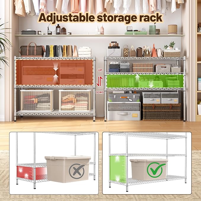 3- Shelf Metal Shelving Unit 35.6Wx14Dx36H, Adjustable Storage Shelves Heavy - Image 6
