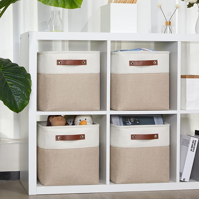DULLEMELO 11 inch Cube Storage Bins, Large Collapsible Grey Storage Baskets for Square Cubes Organizing, Fabric Boxes Bins for Shelves Nursery Home Office Storage(4 Pack - 11" White&Khaki)-DeskLoop Office