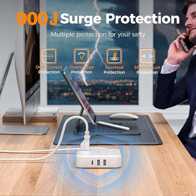 Flat Plug Extension Cord 5 Ft, TESSAN Surge Protector Power Strip Ring Pull with 3 USB (1 USB C) 4 Outlets, 900 Joules Protection, Desktop Charging Station for Home, Office, College, Dorm Room, Gray-DeskLoop Office