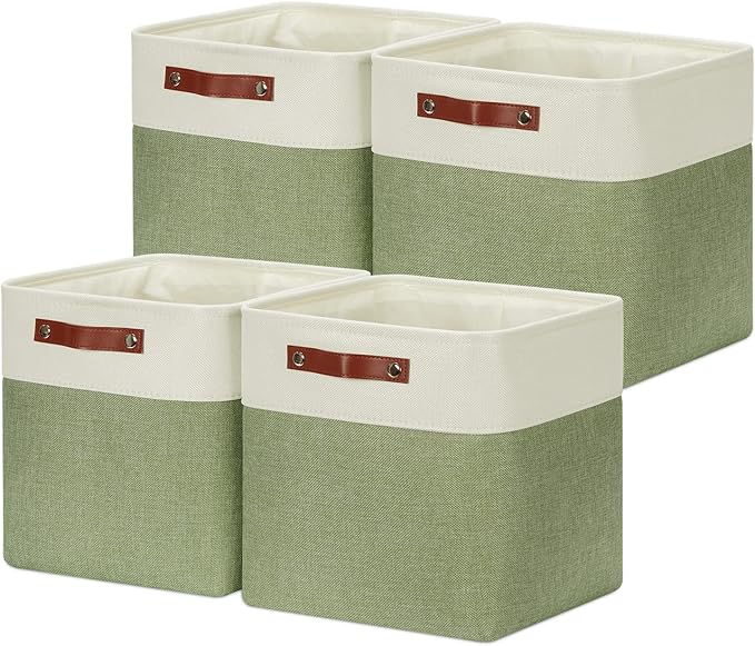 DULLEMELO Storage Basket, Linen Closet Organizers and Storage Baskets for Home Office, Suitable as Dog Toy Box, Baby Gift Basket, 4 Pieces 12x12 Decorative Cube Storage Bins(4 Pack - 12" White&Green)-DeskLoop Office