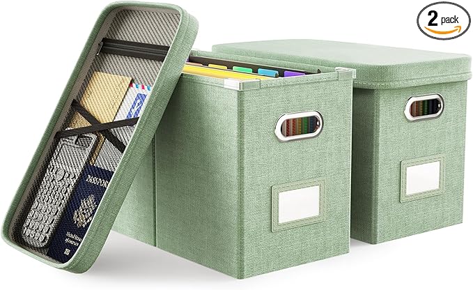 Oterri Hanging Filing File Box with Mesh Pocket, File Organizer Box with Lid, Collapsible Document Organizer Box for Letter Size, Easy Slide Durable Storage Box for Office/Decor/Home (2 PCS, Green)-DeskLoop Office