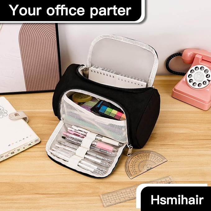 Large Pencil Pouch,Pencil Case Aesthetic,Zipper Pencil Box For Girls Back To School Supplies Emergency Bag Makeup Bag (Black)-DeskLoop Office