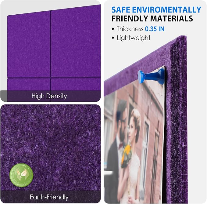 MaxGear Felt Bulletin Board 36" x 24", Violet Felt Wall Tiles Push Pins | Cork - Image 2