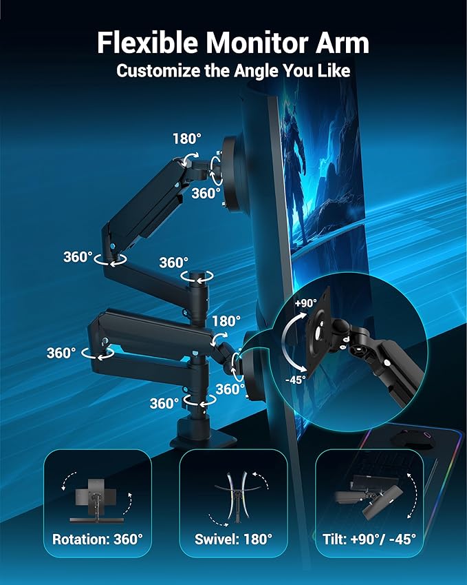 Dual Monitor Arm for 13-49 Inch Ultrawide Screens, Heavy Duty Monitor Mount for 2 Monitors up to 44lbs, Full Motion Vertical Stacked Dual Monitor Arm Desk Mount, 75/100mm VESA Mount, Black-DeskLoop Office