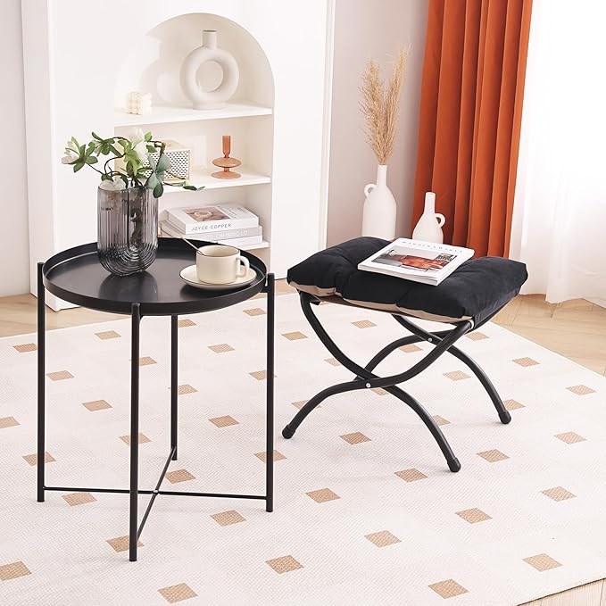 LITA Folding Upholstered Footrest Stool, Modern Small Portable Accent Ottoman with Detachable Thick Cotton Cushion Padded Sofa Stool with Metal Frame for Lazy Chair, Living Room & Bedroom, Black-DeskLoop Office
