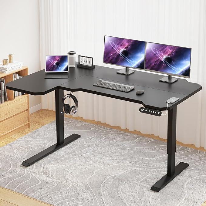 Electric Height Adjustable Standing Desk, 59 L-Shaped Sit - Stand Desk for Work or Home Office Push Button Memory Settings Black Splice Board/Black Frame-DeskLoop Office