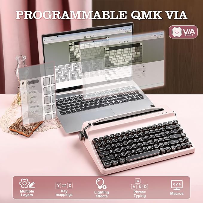 YUNZII QL75 Wireless Typewriter Hot Swap Retro Mechanical Keyboard,Punk Round Keycaps,RGB Backlit QMK/VIA Programmable,Multi-Device Keyboard with 2.4GHz/Type-C/BT5.0 (Pink, Cocoa Cream V2 Switch)-DeskLoop Office