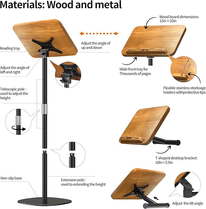 NAMON 2-in-1 Dual-use Floor & Desktop Book Stand, 100% Solid Wood, Height - Image 6