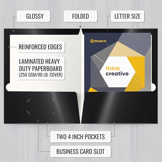 Better Office Products 2 Pocket Glossy Laminated Black Paper Folders, Letter - Image 2