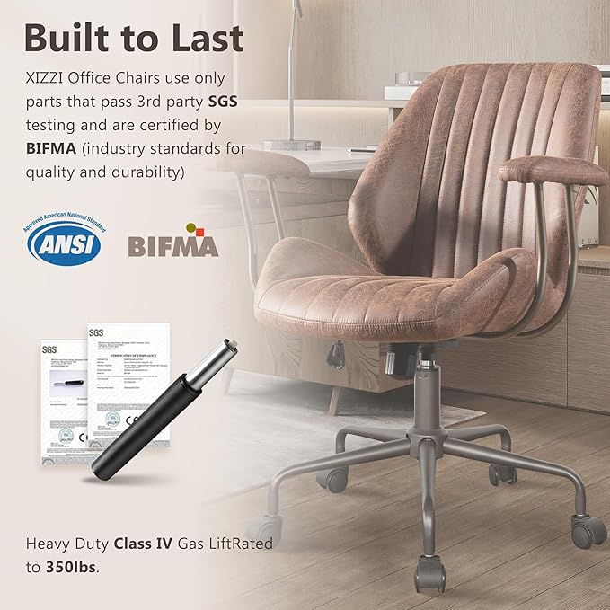 Mid Century Modren Office Chair - Mid Back Swivel Executive Chair with Lumbar Support,Ergonomic Computer Desk Chair with Wheels,Faux Lether Suede Task Chair,350lbs (Dark Brown, Mid Back)-DeskLoop Office