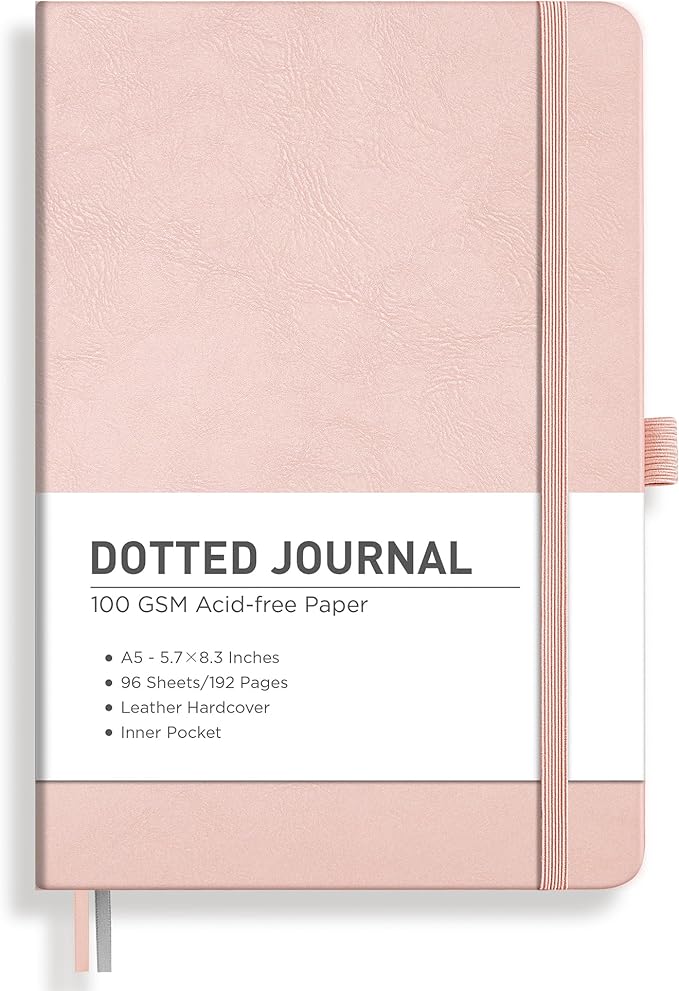 RETTACY Bullet Dotted Journal Notebook, 192 Pages, A5 Medium Size (5.7'' x 8.3''), Leather Hardcover, 100 GSM Thick Paper, for Bullet Journaling, Planning, Tracking (Rose Gold)-DeskLoop Office