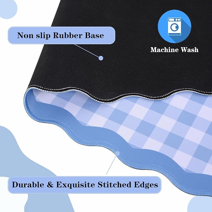 yuboo 31"×15.7" Scalloped Blue White Gingham Waterproof Pastel Desk Mat Vintage - Image 2