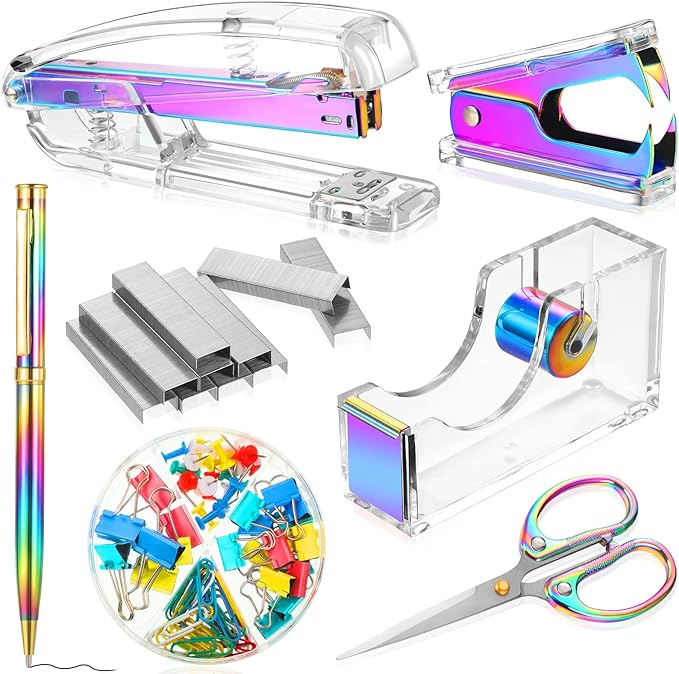Office Supplies Set Desk Accessory Kit, Acrylic Stapler Set Staple Remover by Outus