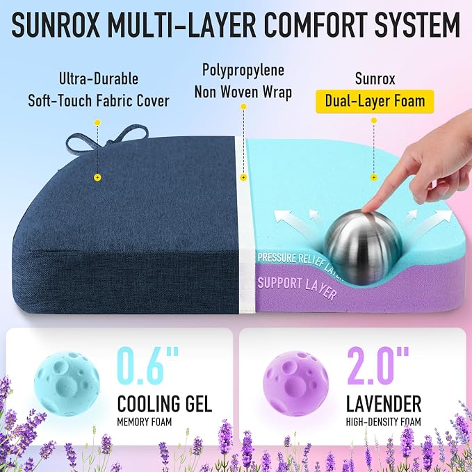 SUNROX Cooling Gel Memory Foam Chair Cushions, 2.6" Thick U-Shaped Dual-Layer - Image 2