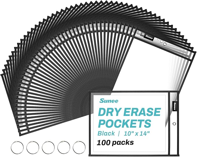 SUNEE 100 Packs Oversized Reusable Dry Erase Pocket Sleeves by SUNEE