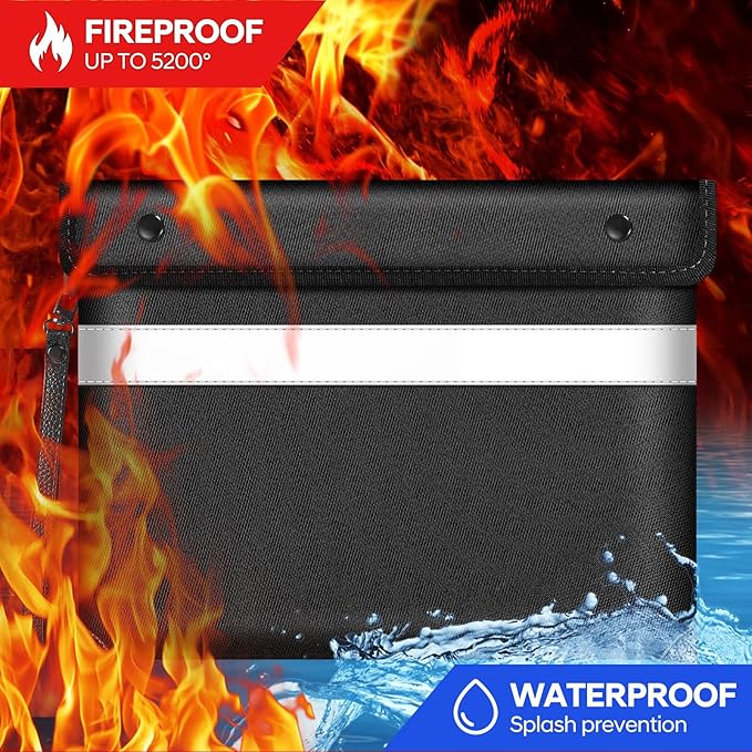 Fire Proof Money Bag for Cash 5200℉ Heat Insulated,Fireproof Waterproof Document Pouches with Double-Sided Reflective Strip,Money Envelopes for Cash,Valuables,Jewelry(11"x7.7",Black)-DeskLoop Office