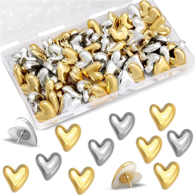 60Pcs Cute Decorative Push Pins Gold Silver Heart Thumb Tacks Pins by Unknown