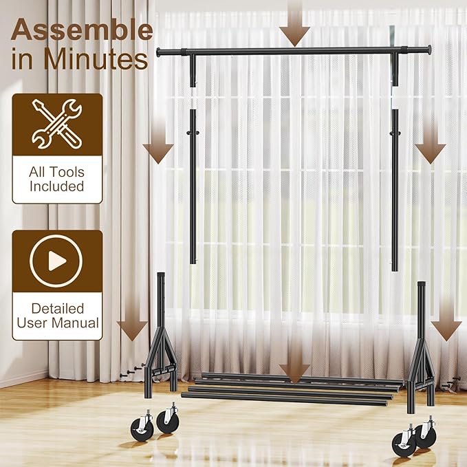 Heavy Duty Clothes Rack Load 520LBS, Adjustable Rolling Clothing Rack with Sturdy Wheel, Metal Industrial Closet Garment Racks for Hanging Clothes Coat, Portable for Bedroom, Laundry Living Room-DeskLoop Office
