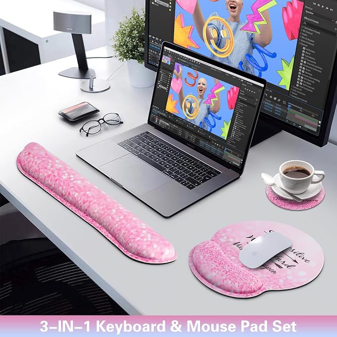 Mouse Pad with Wrist Rest Set Pink, 3-in-1 Wrist Support Mousepad Set, Gaming - Image 2