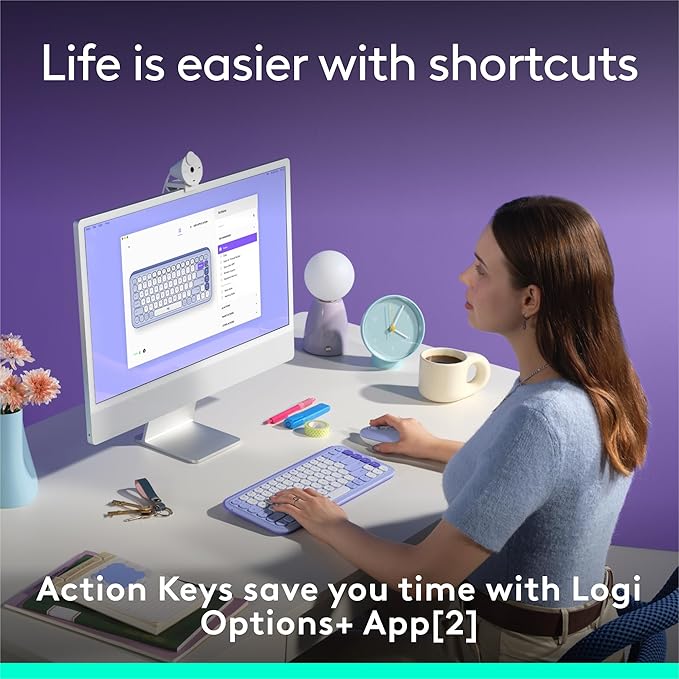 Logitech POP ICON Keys Wireless Bluetooth Keyboard, Comfortable Typing, Programmable Keys, Easy-Switch Between up to 3 Devices, for Laptop, Tablet, PC – Lilac and Off-White-DeskLoop Office