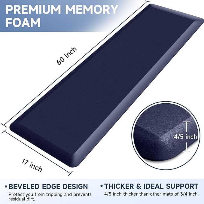 4/5 Inch Thick Kitchen Mat Anti Fatigue Mat Kitchen Rugs Kitchen Decor Non-Slip, Stain Resistant, Waterproof Kitchen Mats Desk Mat for Kitchen, Office, Workshop, Blue, 17'' x 60''-DeskLoop Office