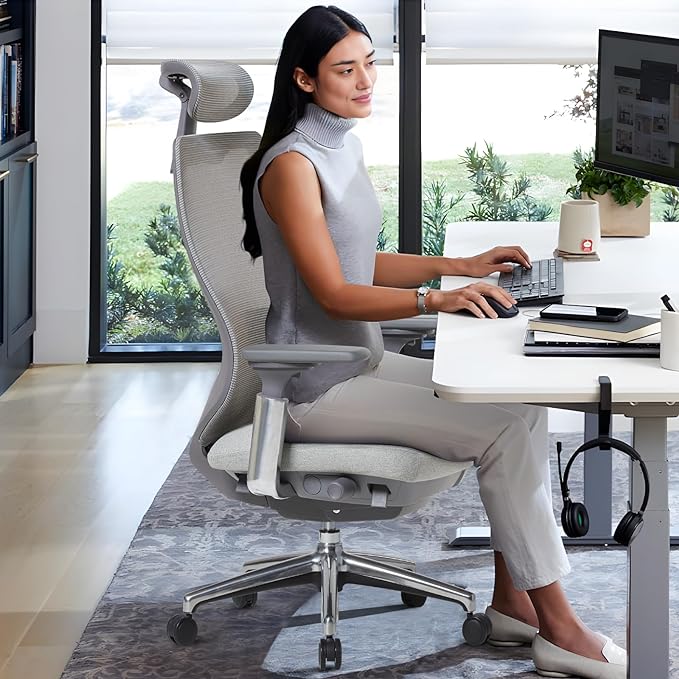 COLAMY Ergonomic Mesh Office Chair, High Back Computer Executive Desk Chair with Adjustable Headrest and 4D Arms, Slide Seat, Tilt Lock-Light Grey-DeskLoop Office