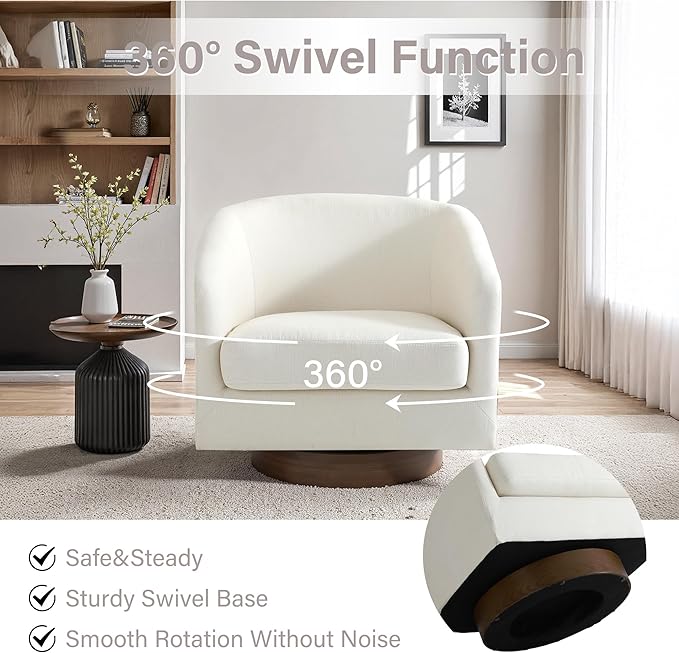 UIXE Swivel Accent Chair with Wood Base, Fabric Upholstered Barrel Chairs for Living Room, Comfy Round Armchair Single Sofa Bedroom Reading Seat - 31" W, Beige-DeskLoop Office