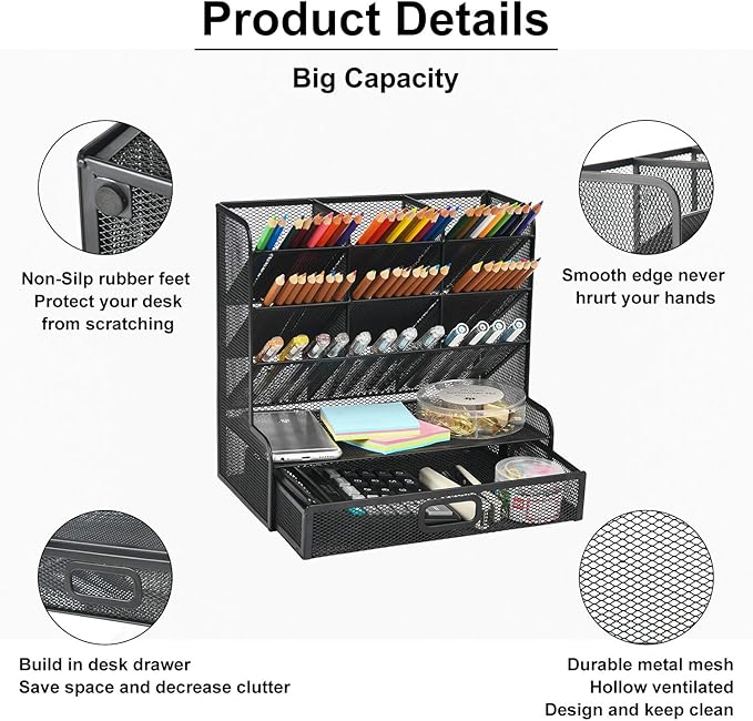 Marbrasse Mesh Pen Holder for Desk, Multi-Functional Pencil Organizer with Drawer, Desk Organizers and Accessories for Office Art Supplies (Large Black)-DeskLoop Office