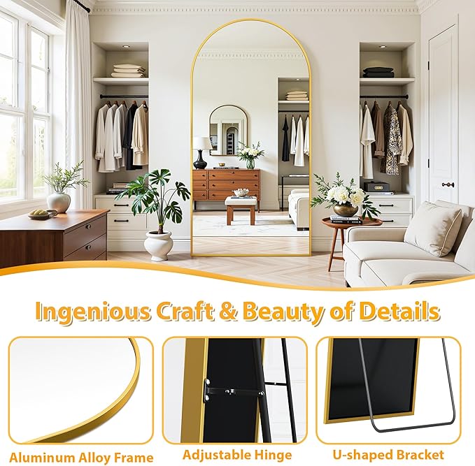 Full Length Mirror, 78"x38" Oversized Floor Mirror Freestanding, Full Body Mirror Floor Standing Mirrors with Stand, Hanging Mounted Mirrors for Bedroom Living Room, Gold, Arched Style-DeskLoop Office