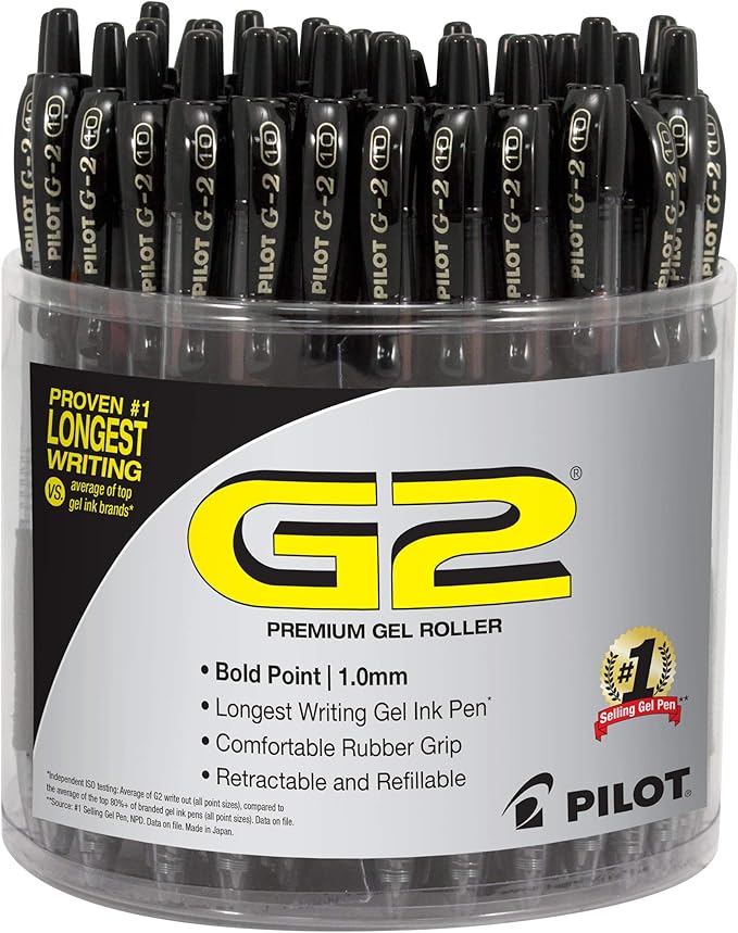 Pilot G2 Premium Gel Pens, Black Pens, Bold Point 1 mm, Tub of 48, Black-DeskLoop Office