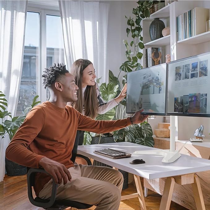 Claiks Dual Monitor Mount, Ergonomic Adjustable Monitor Arm for Max 32 inch Screens, Adjustable Computer Monitor Stand up to 40 lbs, VESA Mounting Holes 75&100mm, White-DeskLoop Office